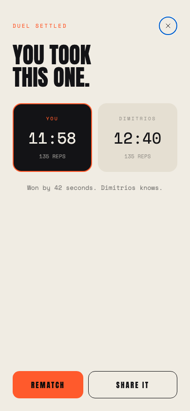 A settled Alea duel showing 11:58 against 12:40 over 135 reps, with Rematch and Share It.