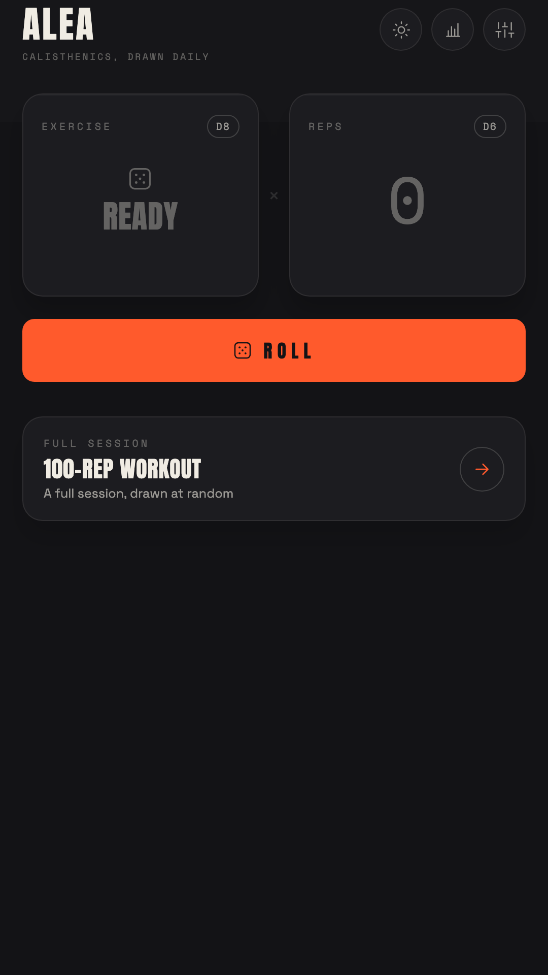 Alea's home screen before rolling, with the exercise and reps dice cards and a large Roll button.