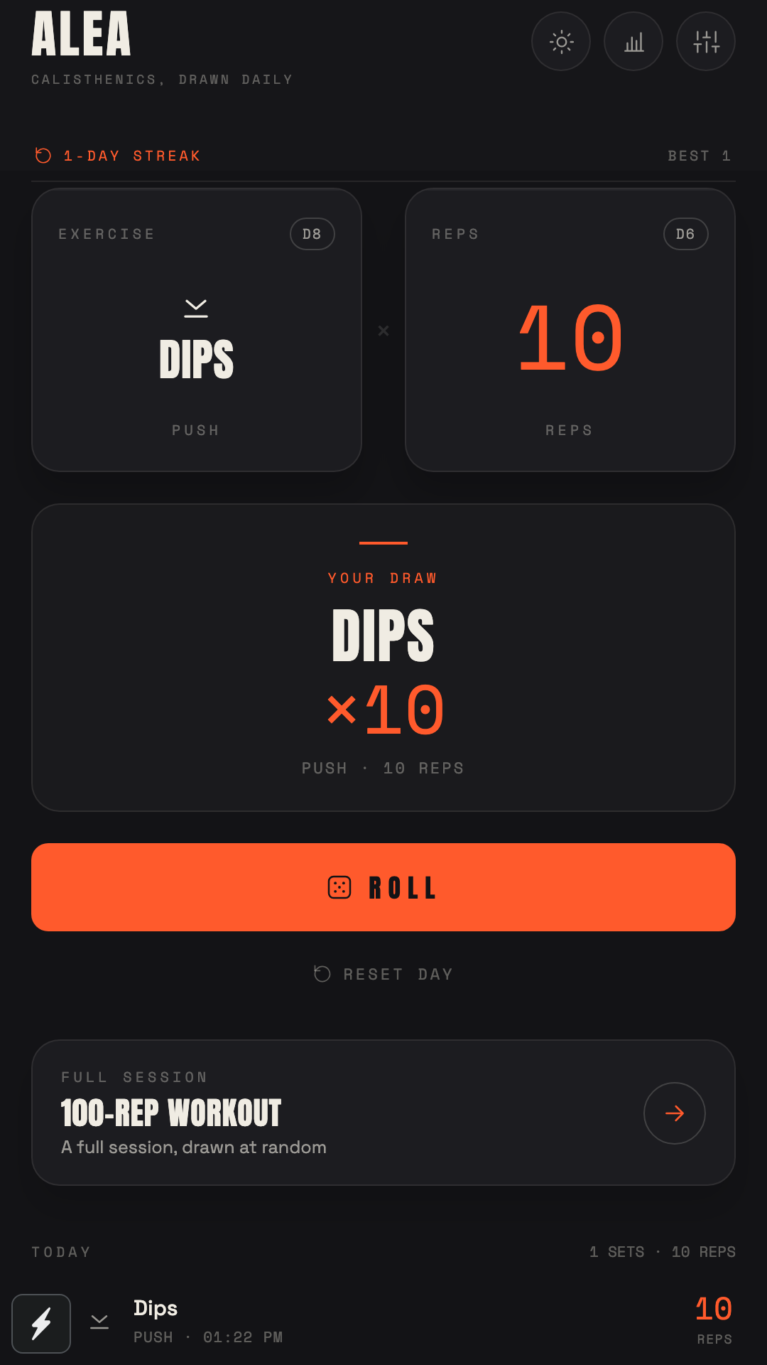 A drawn roll in Alea: Dips times 10, logged under today with a 1-day streak.