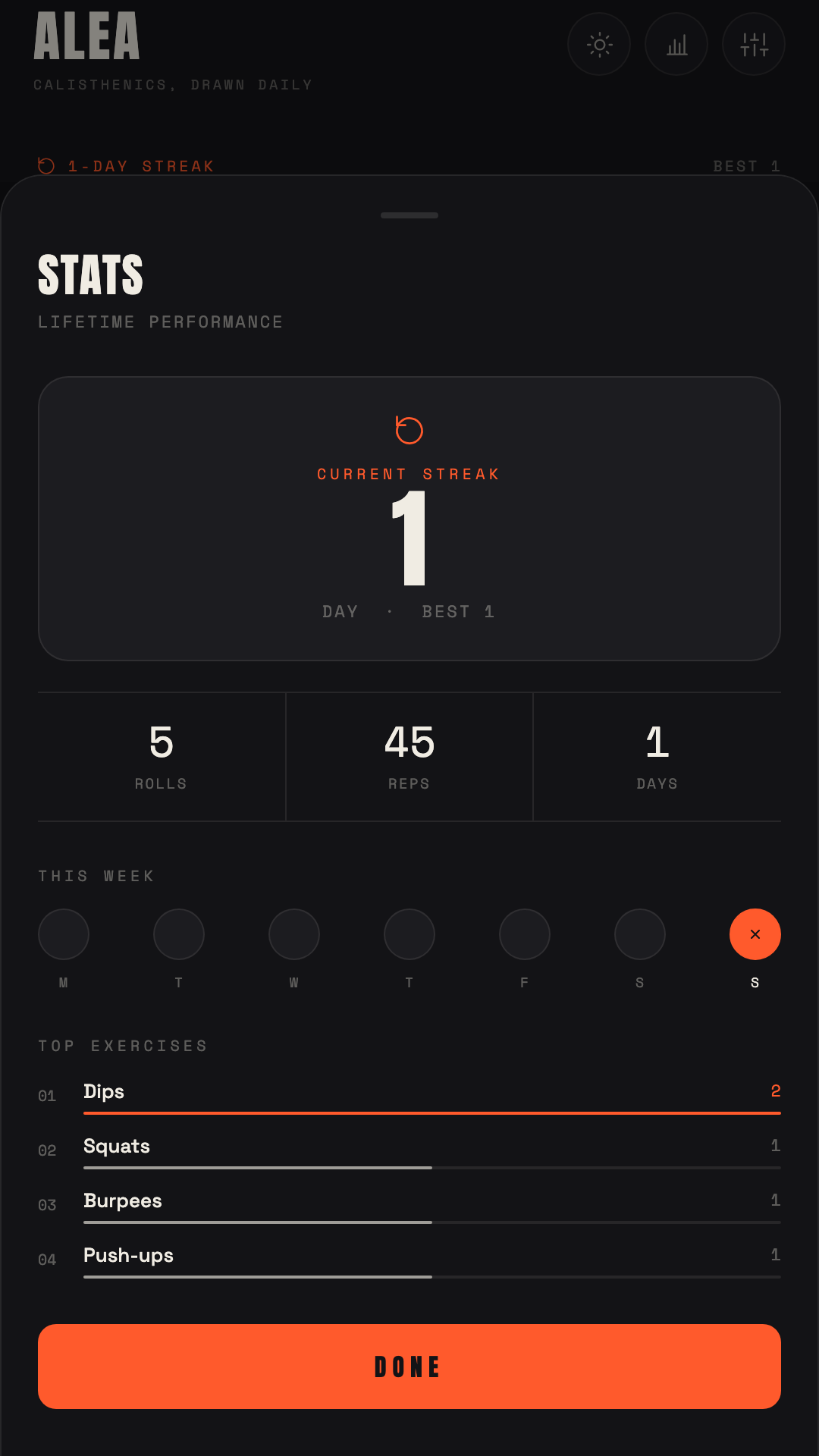 Alea's stats screen showing current streak, rolls, reps, the week strip and top exercises.