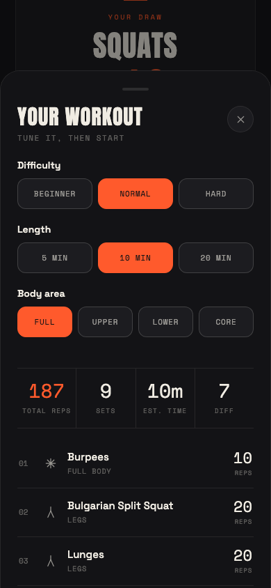 Alea's tailored workout builder with difficulty, length and body-area controls.
